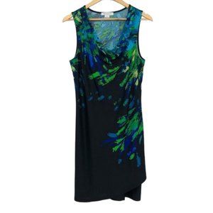 Liz Claiborne Black green blue abstract print Sleeveless Midi dress drape neck 8